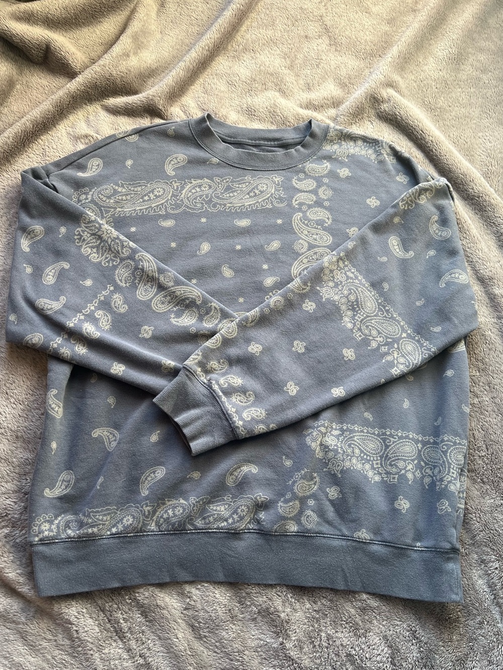 Original Use Blue Crewneck Sweater with Cream Paisley Print